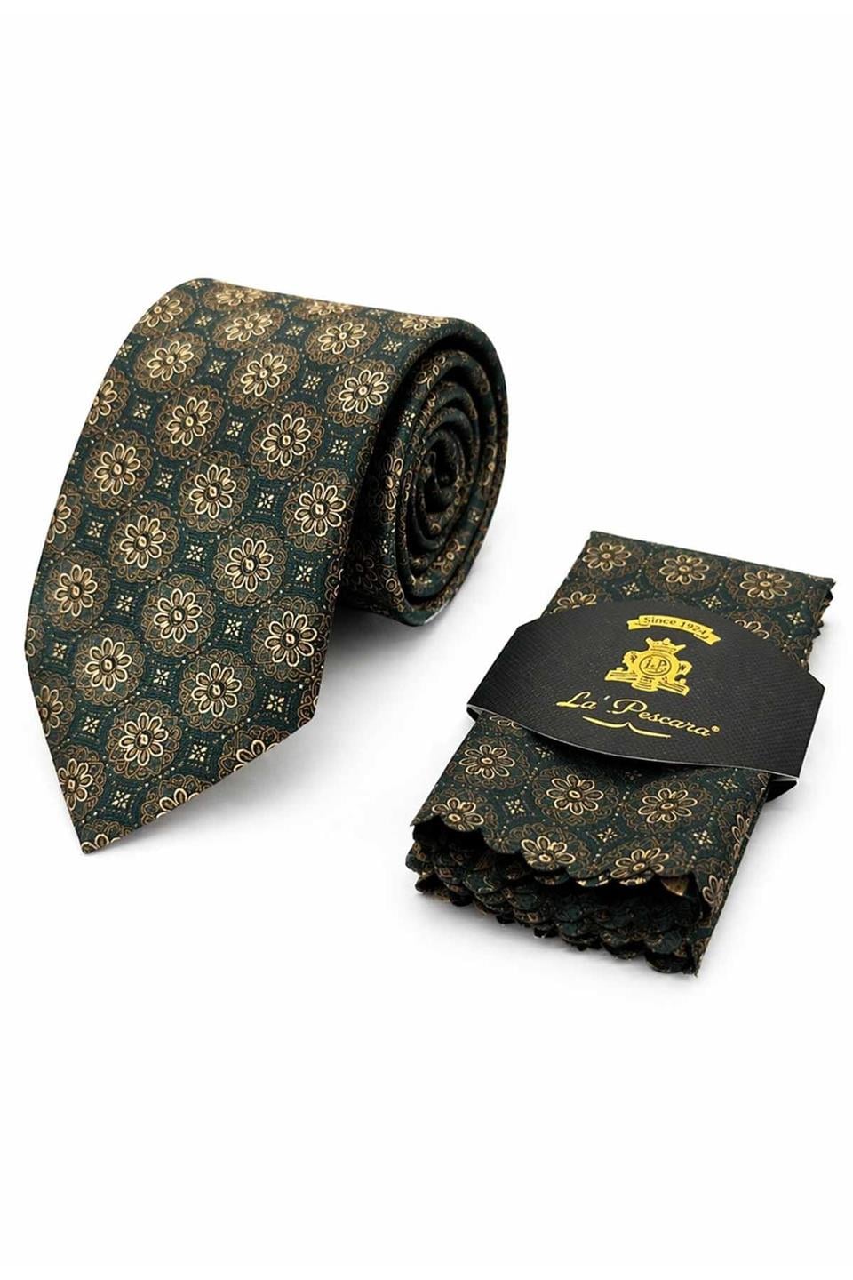 Yeşil - Sarı Motif Desen Mendilli Klasik Kravat KK13703