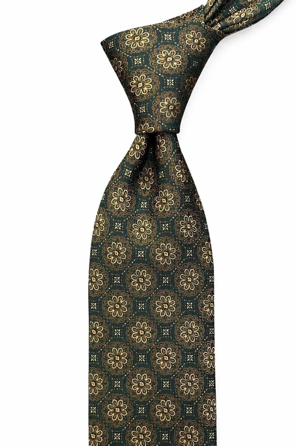 Yeşil - Sarı Motif Desen Mendilli Klasik Kravat KK13703