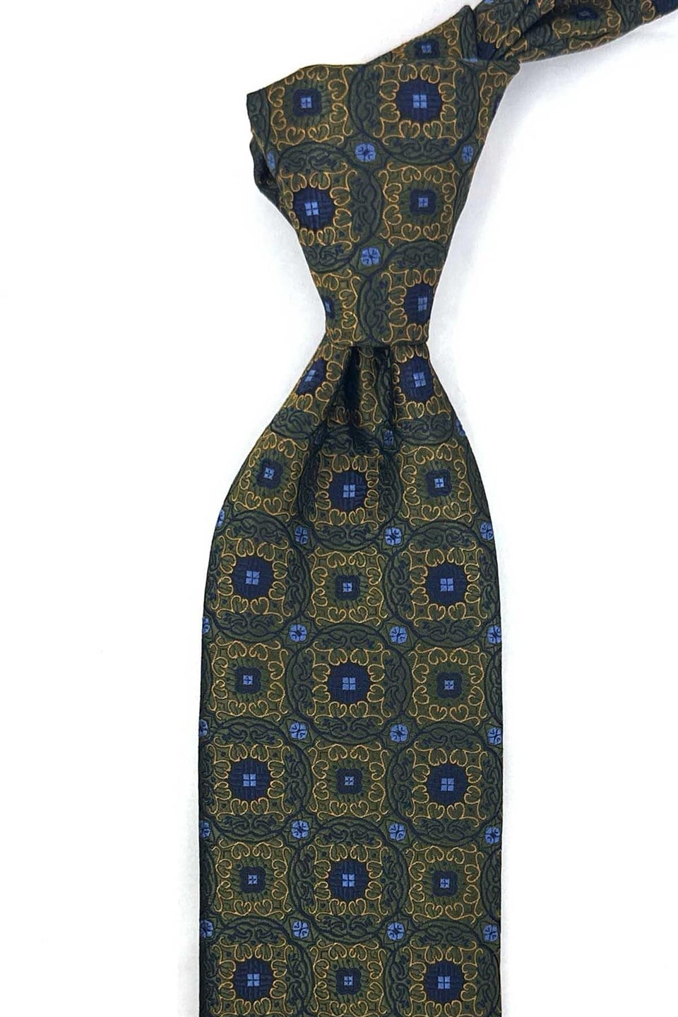Yeşil Sarı Motif Desen Mendilli Klasik Kravat KK13759