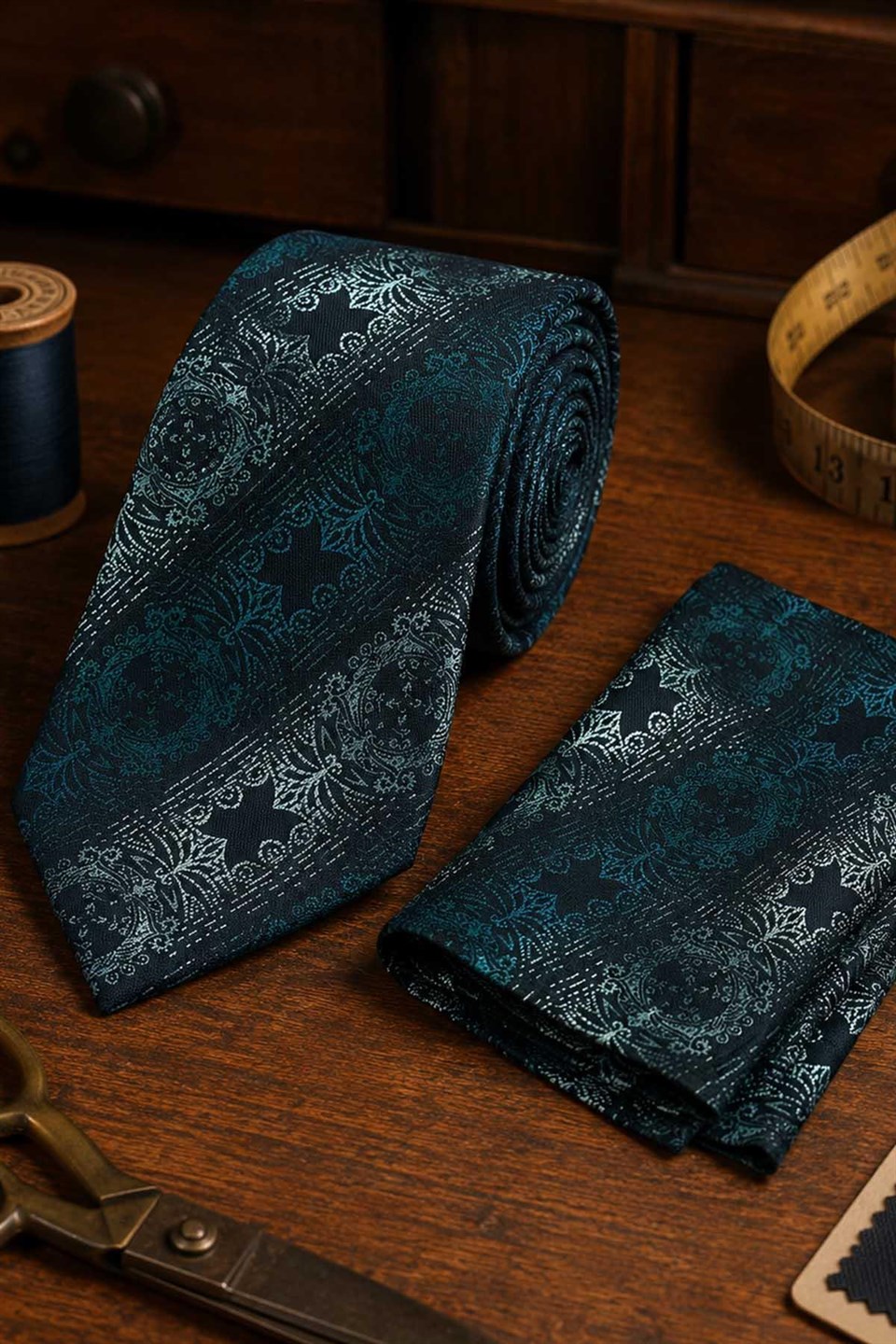 Yeşil Siyah Motif Desen Mendilli Klasik Kravat KK13725