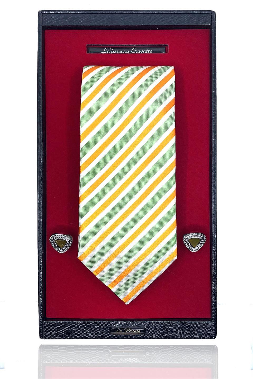 Yeşil Turuncu İtalyan İpek Kravat Çelik Kol Düğmesi Erkek Hediye Seti 