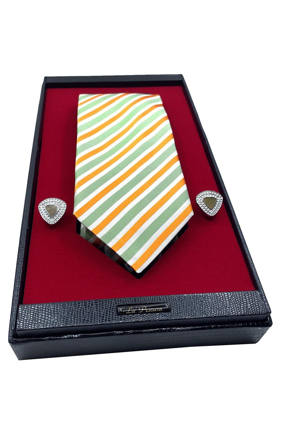 Yeşil Turuncu İtalyan İpek Kravat Çelik Kol Düğmesi Erkek Hediye Seti 