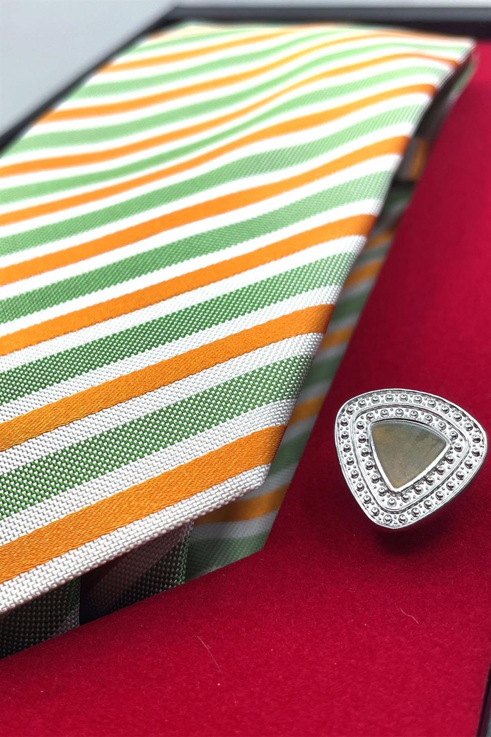 Yeşil Turuncu İtalyan İpek Kravat Çelik Kol Düğmesi Erkek Hediye Seti 