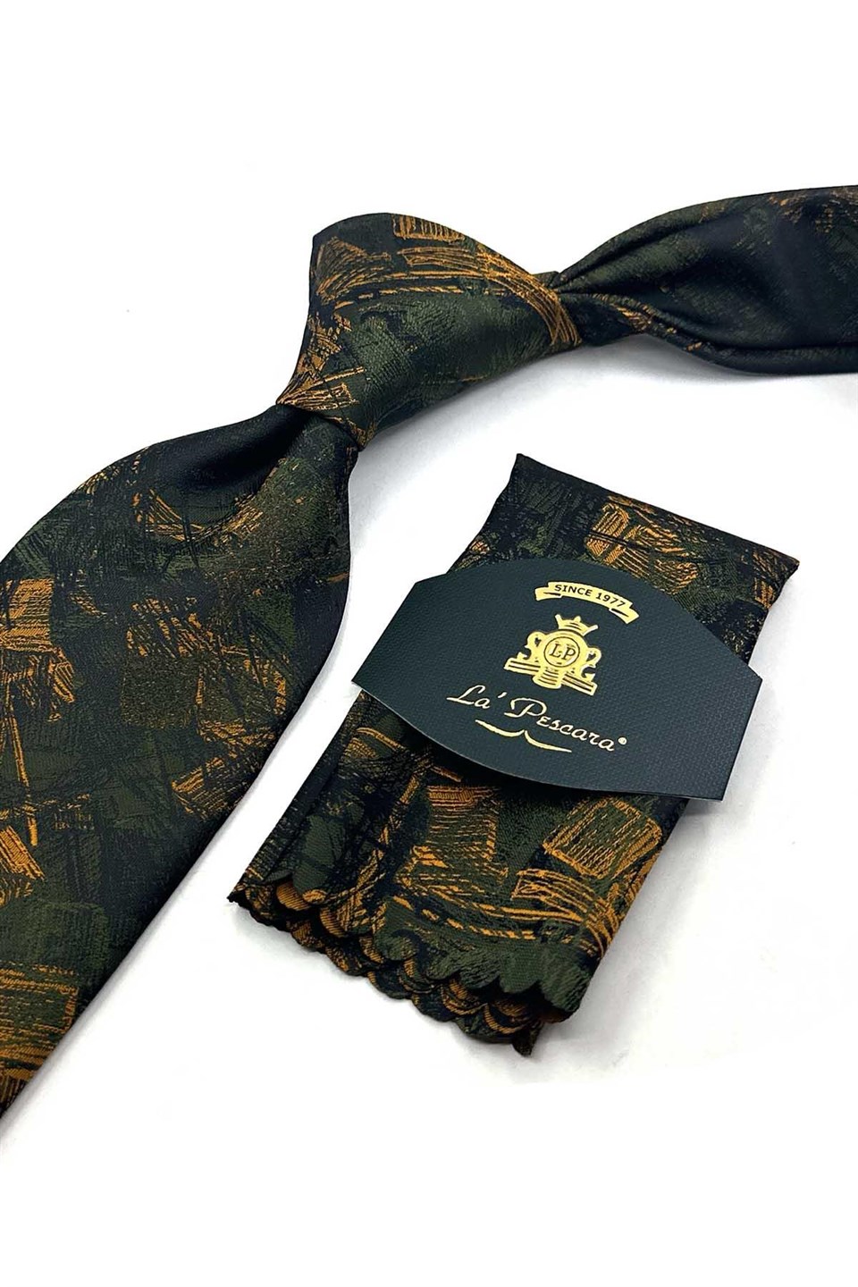Yeşil Turuncu Motif Desen Mendilli Klasik Kravat KK13747