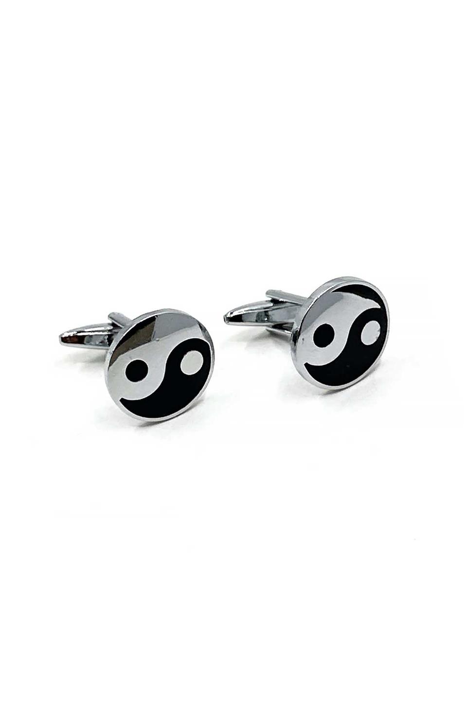 Yin Yang Görünümlü Siyah - Gümüş Renk Kol Düğmesi KD1515