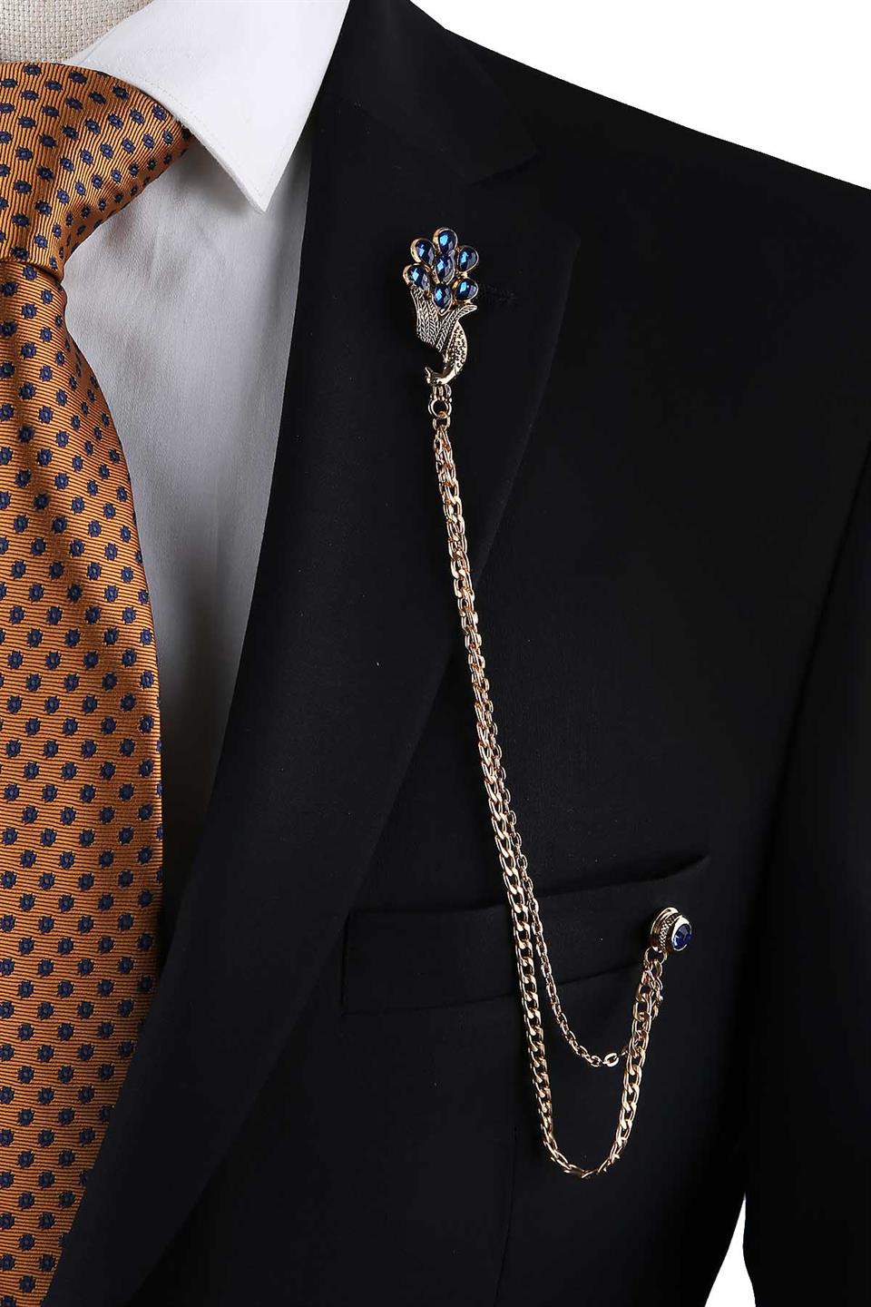 Zincirli Taşlı Tavus Kuşu Yaka İğnesi Broş YI84