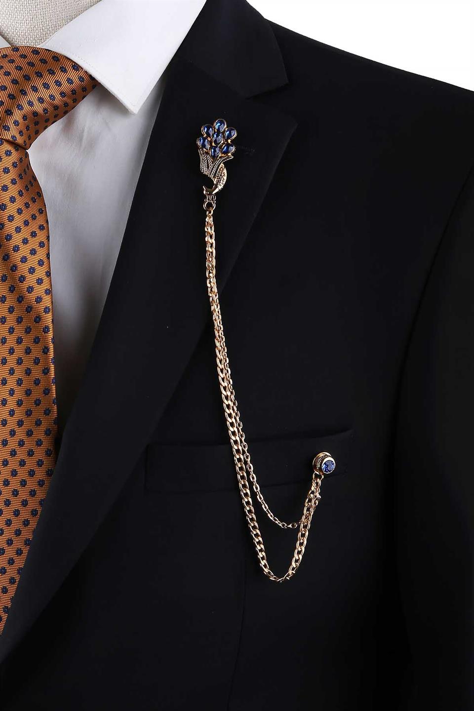 Zincirli Taşlı Tavus Kuşu Yaka İğnesi Broş YI84