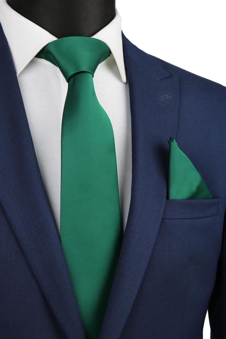 Zümrüt Yeşili Mendilli Düz Saten Kravat 1113