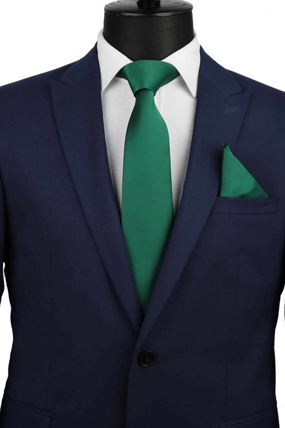 Zümrüt Yeşili Mendilli Düz Saten Kravat 1113