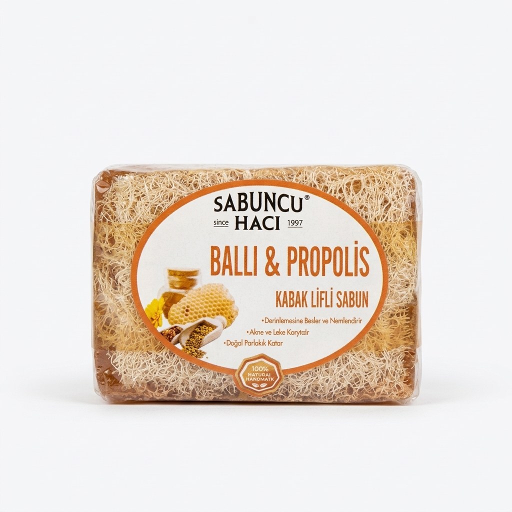 YAĞLAR - SİRKELER - SABUNLARSabuncu Hacı Doğal Ballı & Propolis Kabak Lifli Sabun – Onarıcı & Koruyucu PeelingSabuncu Hacı Doğal Ballı & Propolis Kabak Lifli Sabun