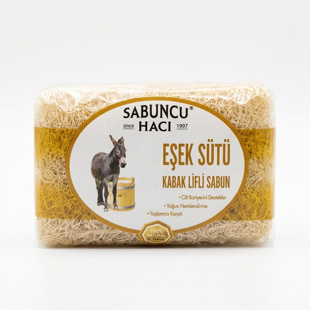 YAĞLAR - SİRKELER - SABUNLARSabuncu Hacı Doğal Eşek Sütü Kabak Lifli Sabun – Yoğun Nemlendirici & Leke KarşıtıSabuncu Hacı Doğal Eşek Sütü Kabak Lifli Sabun