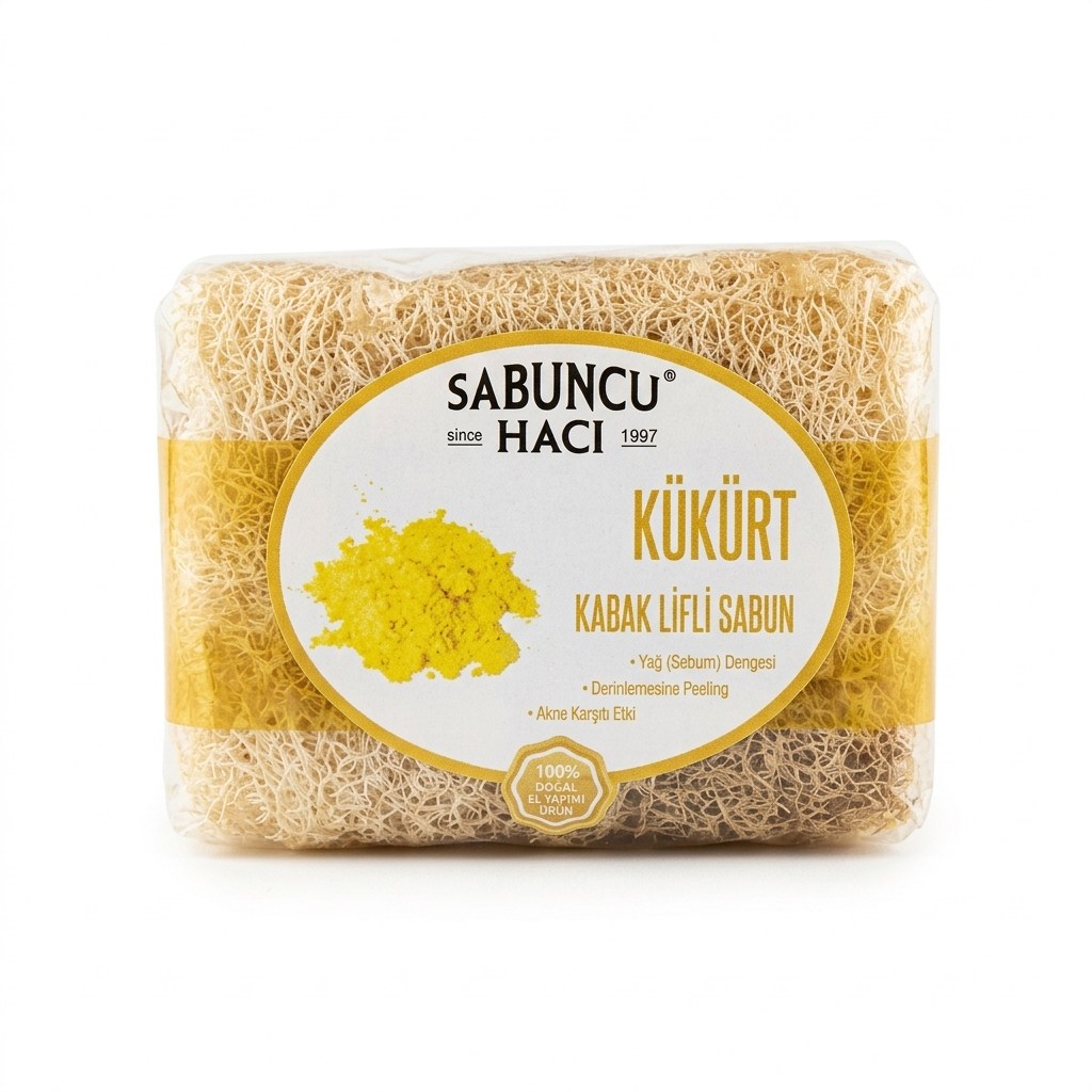YAĞLAR - SİRKELER - SABUNLARSabuncu Hacı Doğal Kükürt Kabak Lifli Sabun – Sivilce, Yağ & Siyah Nokta KarşıtıSabuncu Hacı Doğal Kükürt Kabak Lifli Sabun
