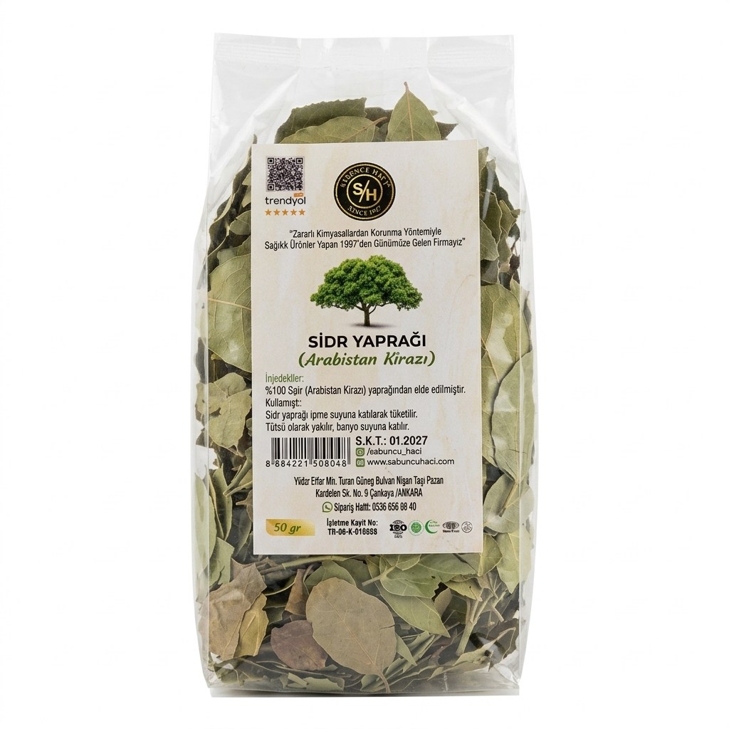 DOĞAL SABUNLARSabuncu Hacı Sidr Yaprağı (Arabistan Kirazı) 50 gr – İçme Suyu, Banyo ve Tütsü İçinSabuncu Hacı Sidr Yaprağı (Arabistan Kirazı) 50 gr