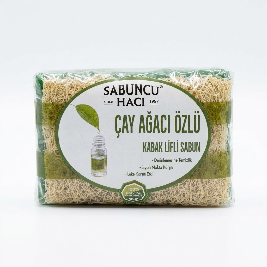 YAĞLAR - SİRKELER - SABUNLARSabuncu Hacı Doğal Çay Ağacı Özlü Kabak Lifli Sabun – Sivilce & Batık KarşıtıSabuncu HacıDoğal Çay Ağacı Özlü Kabak Lifli Sabun