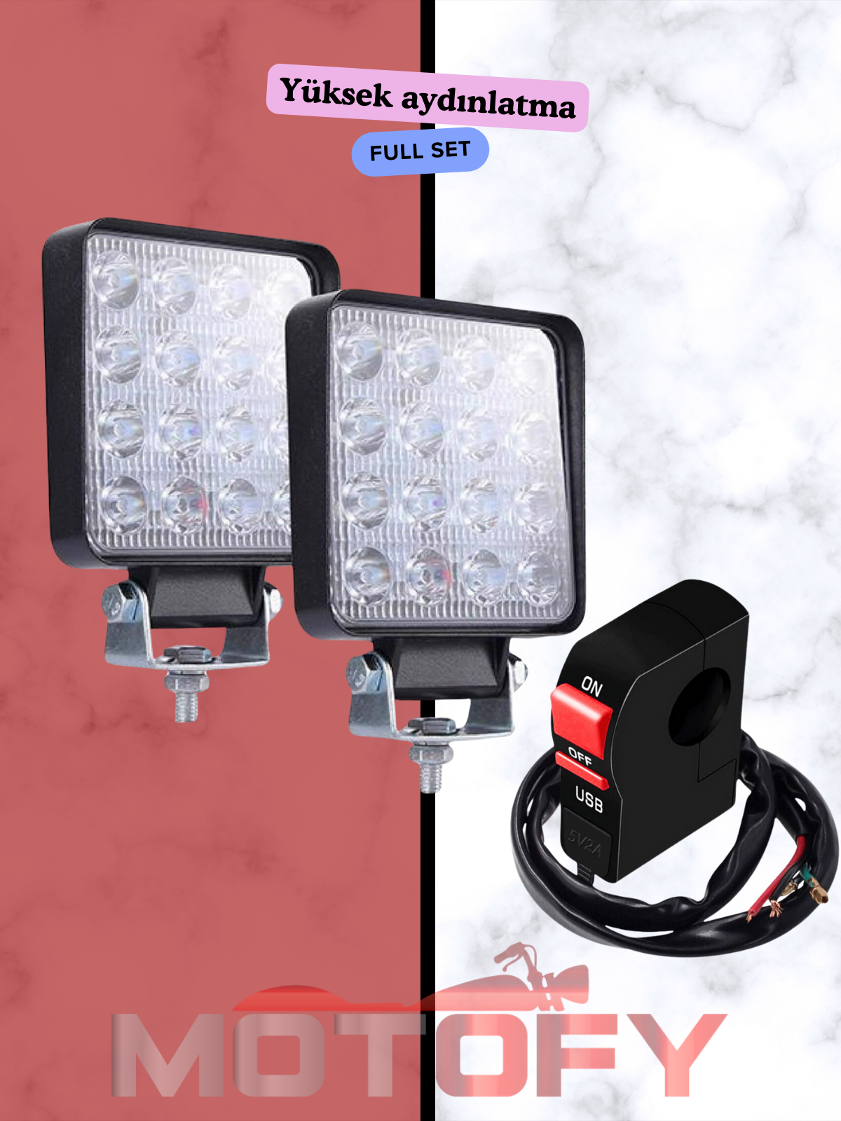 16 LEDLİ KARE MOTOSİKLET SİS FARI TAKIMI + USB'Lİ BUTON