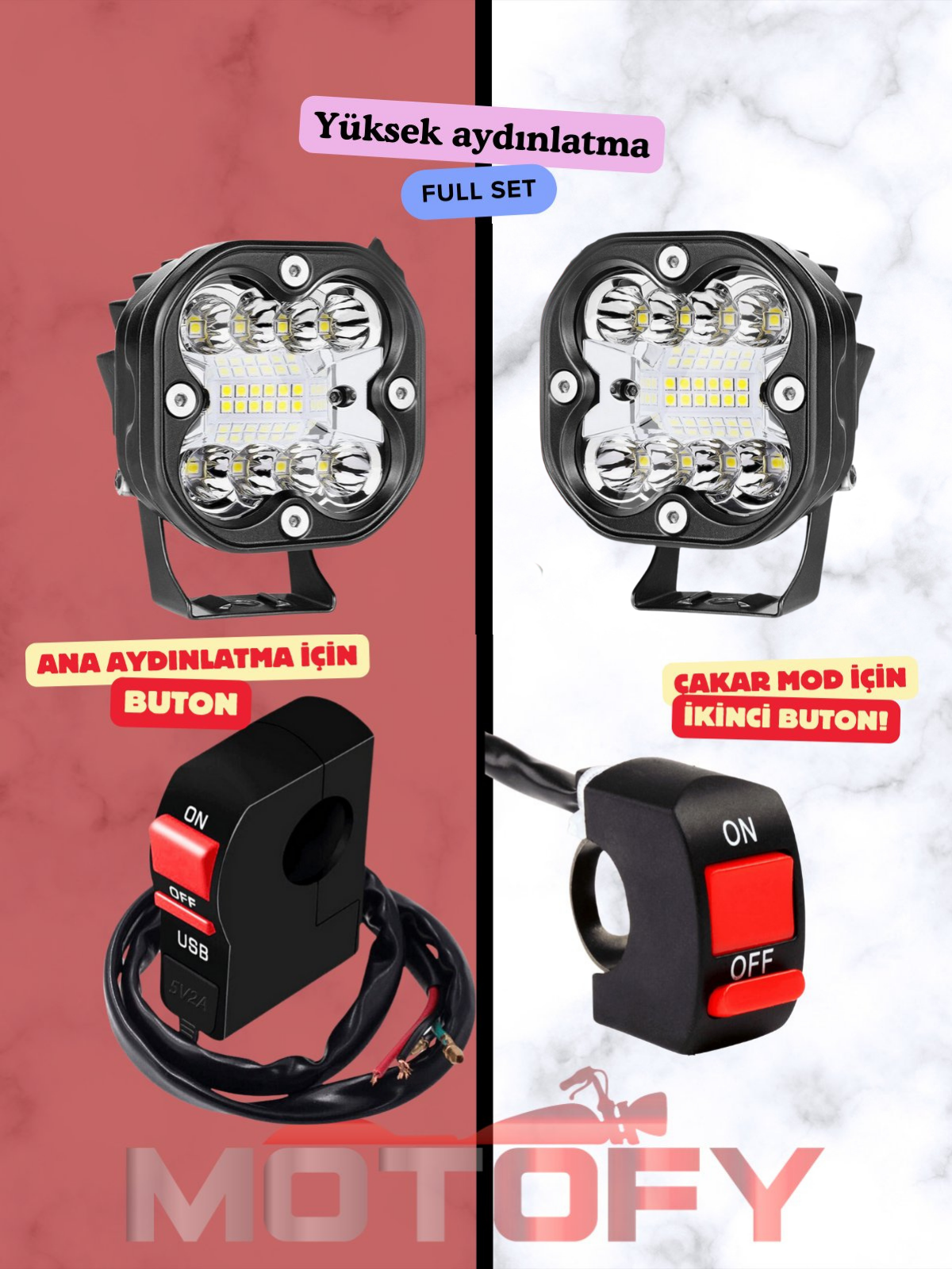 36 WATT 12 LED ÇAKAR MODLU SU GEÇİRMEZ ALİMİNYUM MOTOSİKLET SİS FARI TAKIMI + USB'Lİ BUTON + STANDART BUTON