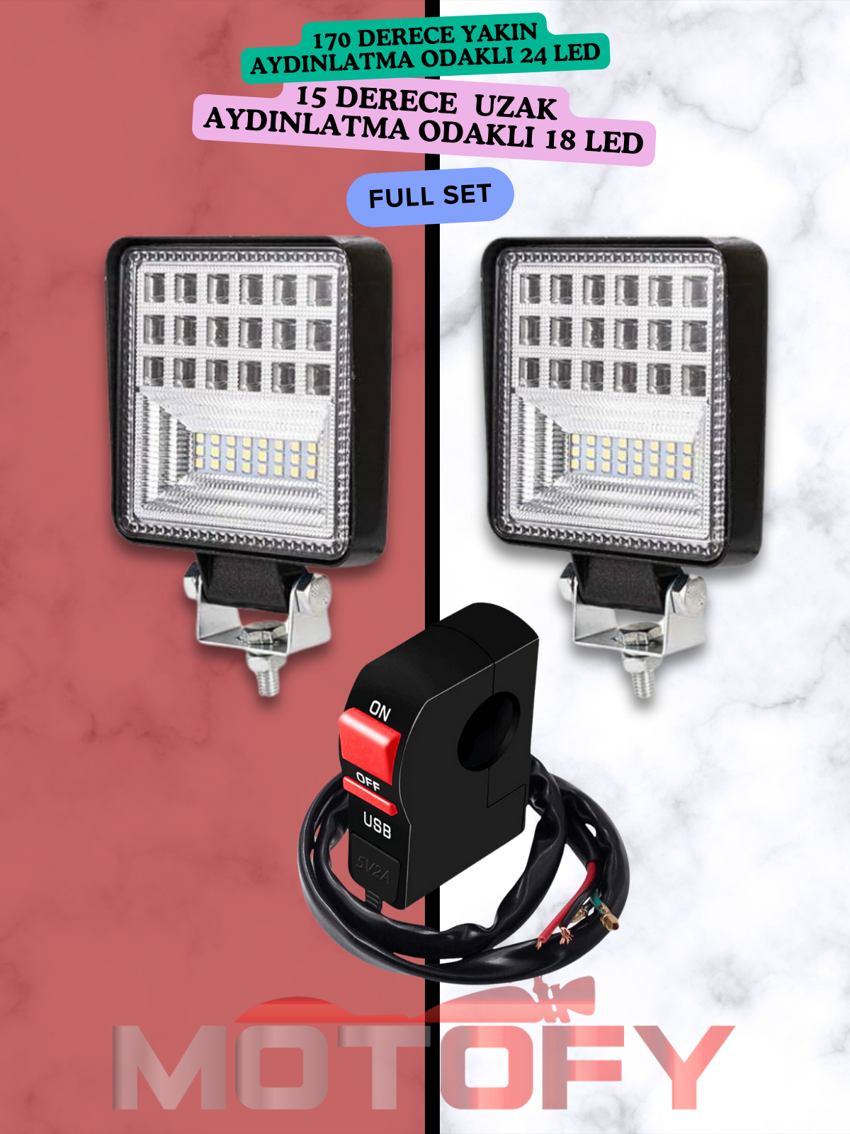 42 LED COMBO AYDINLATMA MOTOSİKLET SİS FARI TAKIMI + USB'Lİ BUTON