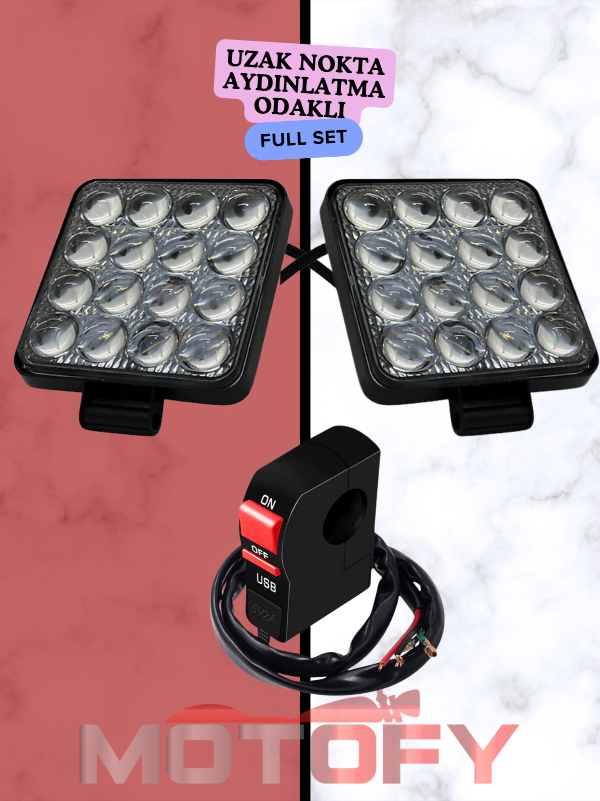 UZAK AYDINLATMA ODAKLI MERCEKLİ 16 LEDLİ MOTOSİKLET SİS FARI TAKIMI + USB'Lİ BUTON 48+48 - 96 WATT