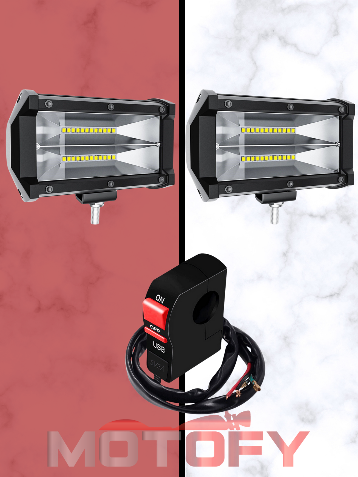 24 LEDLİ ALİMİNYUM GÖVDELİ SU GEÇİRMEZ ÇİFT SIRA MOTOSİKLET SİS FARI TAKIMI + USB'Lİ BUTON