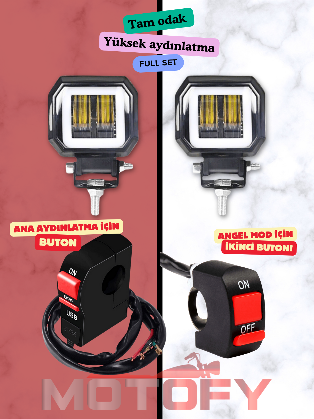 6D MERCEKLİ ANGEL MODLU LED MOTOSİKLET SİS FARI TAKIMI + USB'Lİ BUTON + STANDART BUTON