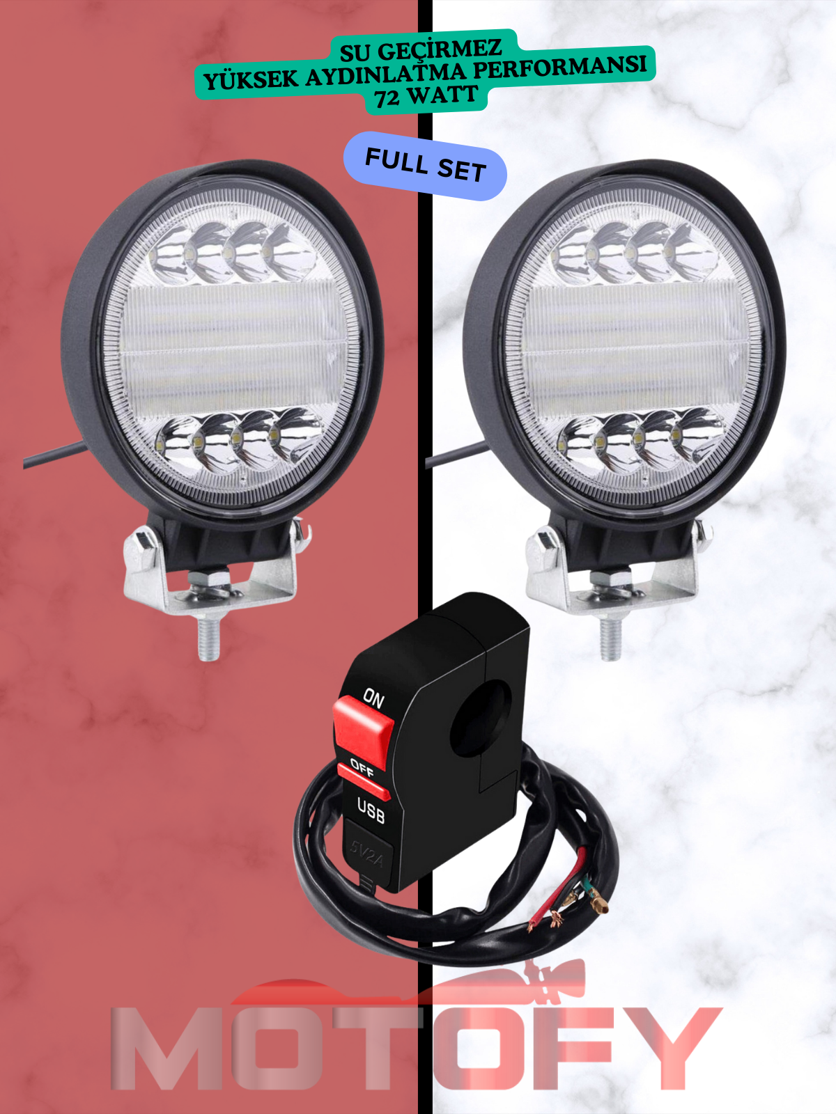 72 WATT YUVARLAK SU GEÇİRMEZ LED MOTOSİKLET SİS FARI TAKIMI + USB'Lİ BUTON
