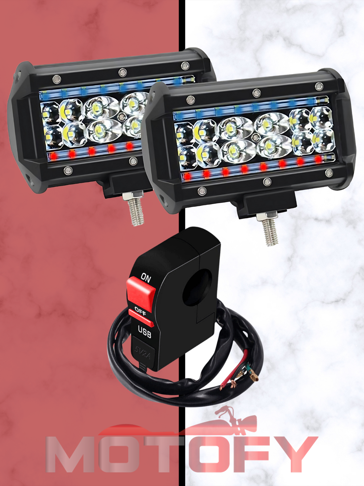 HÜGEL 84W MOTOSİKLET LED SİS FARI TAKIMI KIRMIZI MAVİ BEYAZ ÇAKARSIZ VE USBLİ AÇ KAPA BUTONU SETİ 