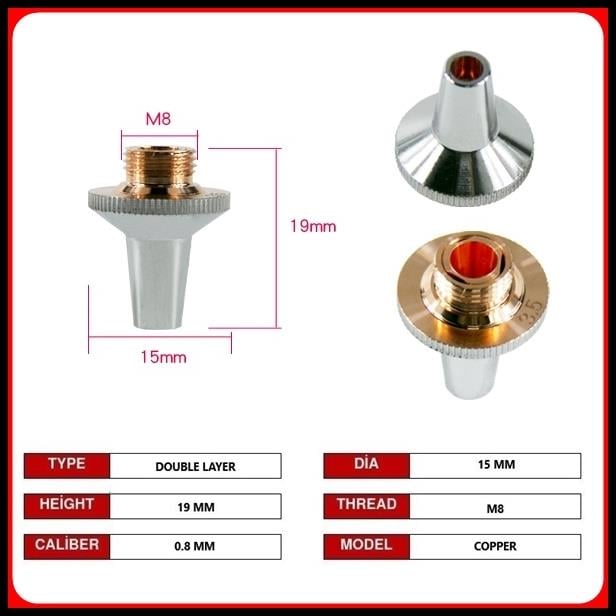DİA15 H19 M8 DOUBLE NOZZLE 0.8MM COPPER