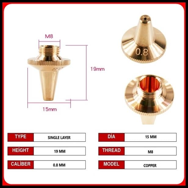 DİA15 H19 M8 SINGLE NOZZLE 0.8MM COPPER