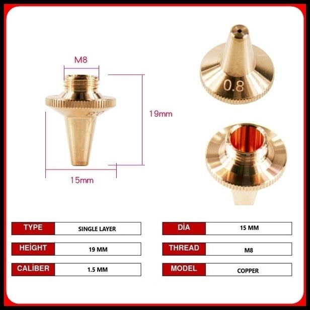 DİA15 H19 M8 SINGLE NOZZLE 1.5 MM COPPER