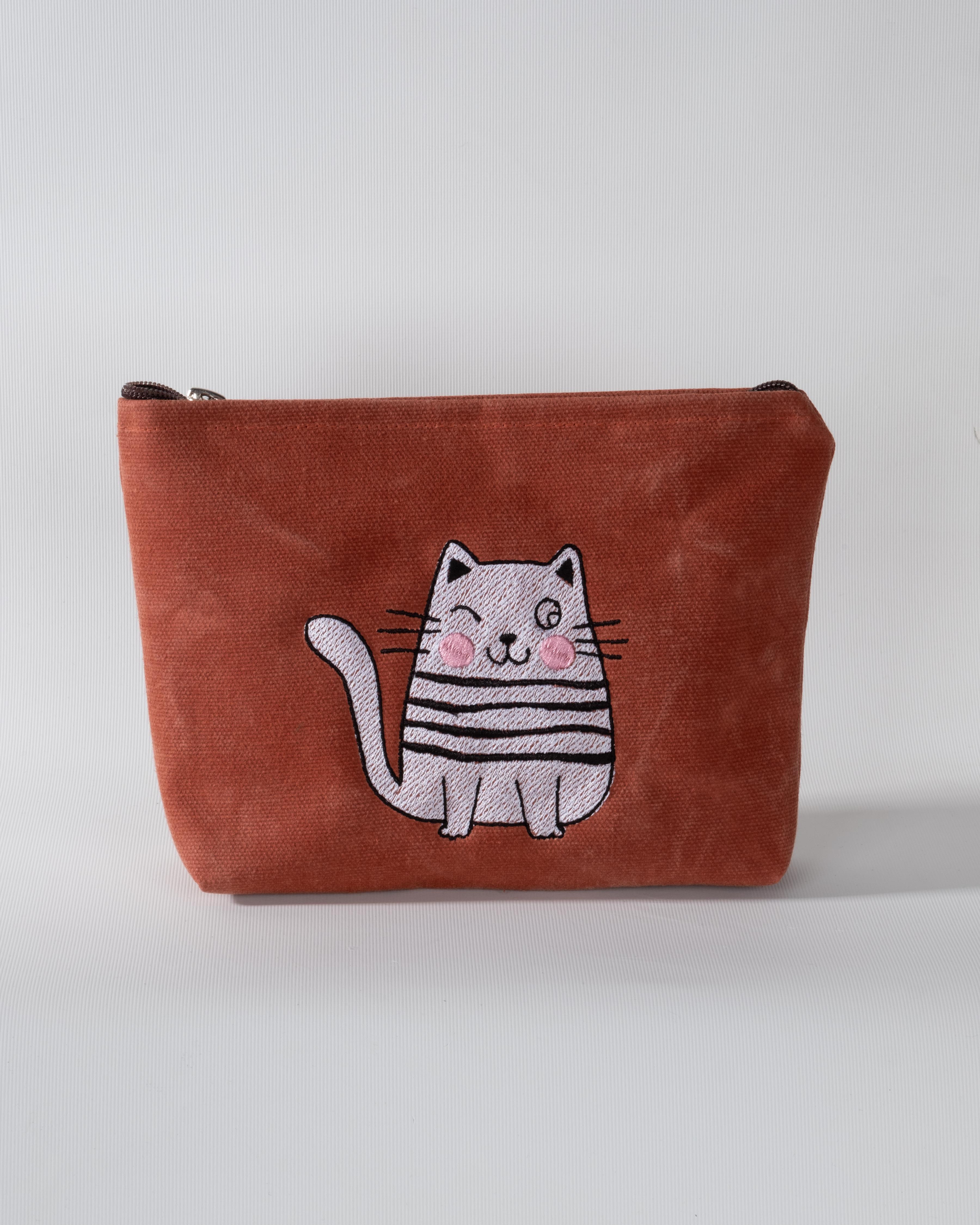 Şişman Kedi Nakışlı (KİREMİT) Mumlu Kanvas Cüzdan