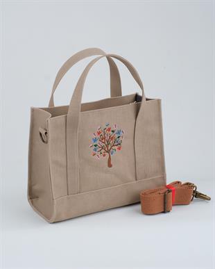 Kelebek Ağacı (Bej) Nakışlı Kanvas / Mumlu Çanta