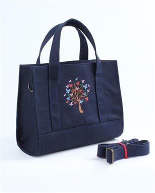 Kelebek Ağacı (Lacivert) Nakışlı Kanvas / Mumlu Çanta