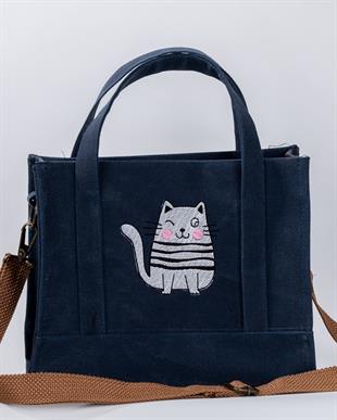 Lacivert Mumlu Kanvas Şişman Kedi Nakışlı