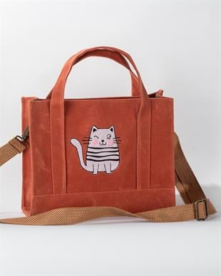 Şişman Kedi (KİREMİT RENK) Nakışlı Kanvas / Mumlu Çanta
