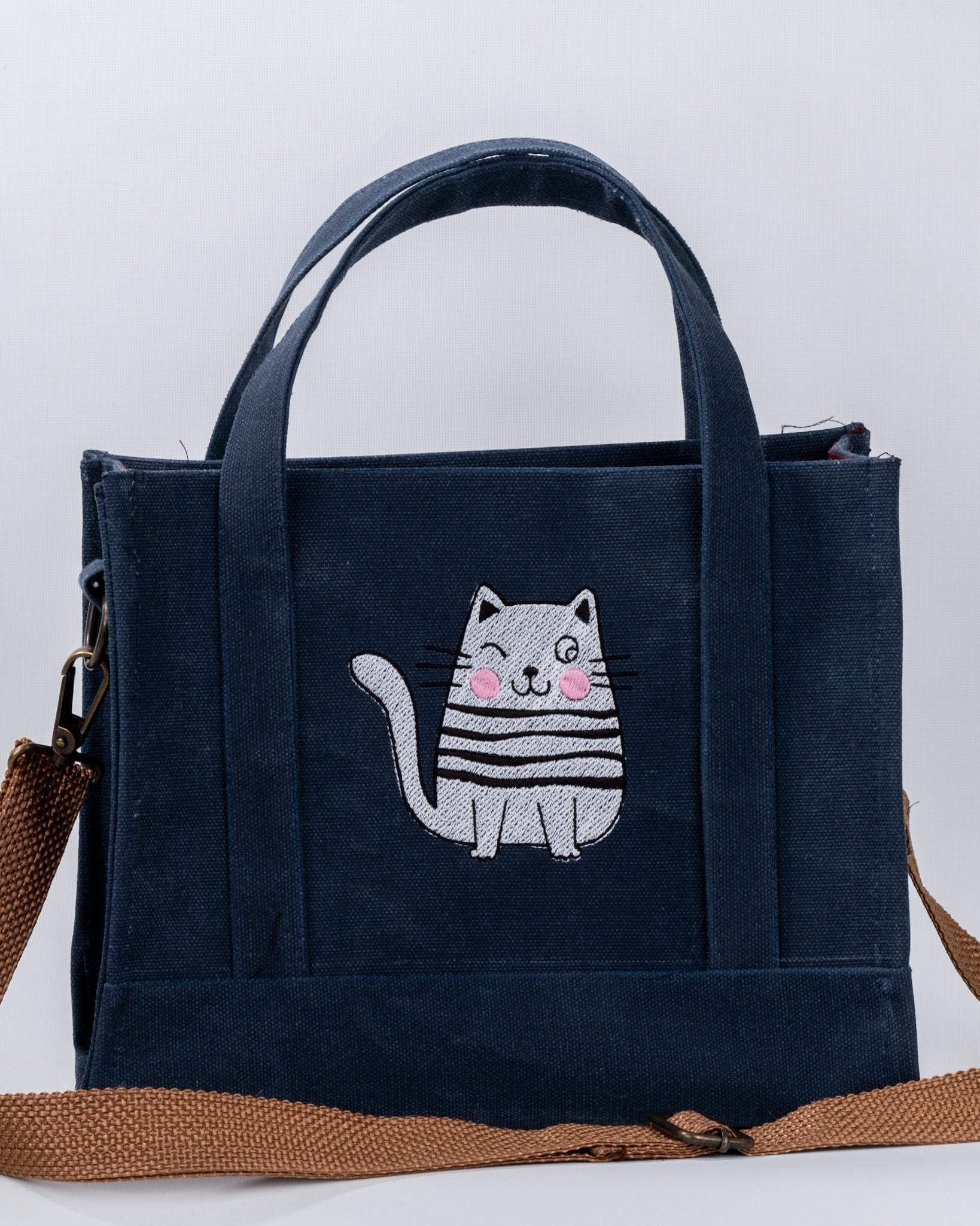 Lacivert Mumlu Kanvas Şişman Kedi Nakışlı