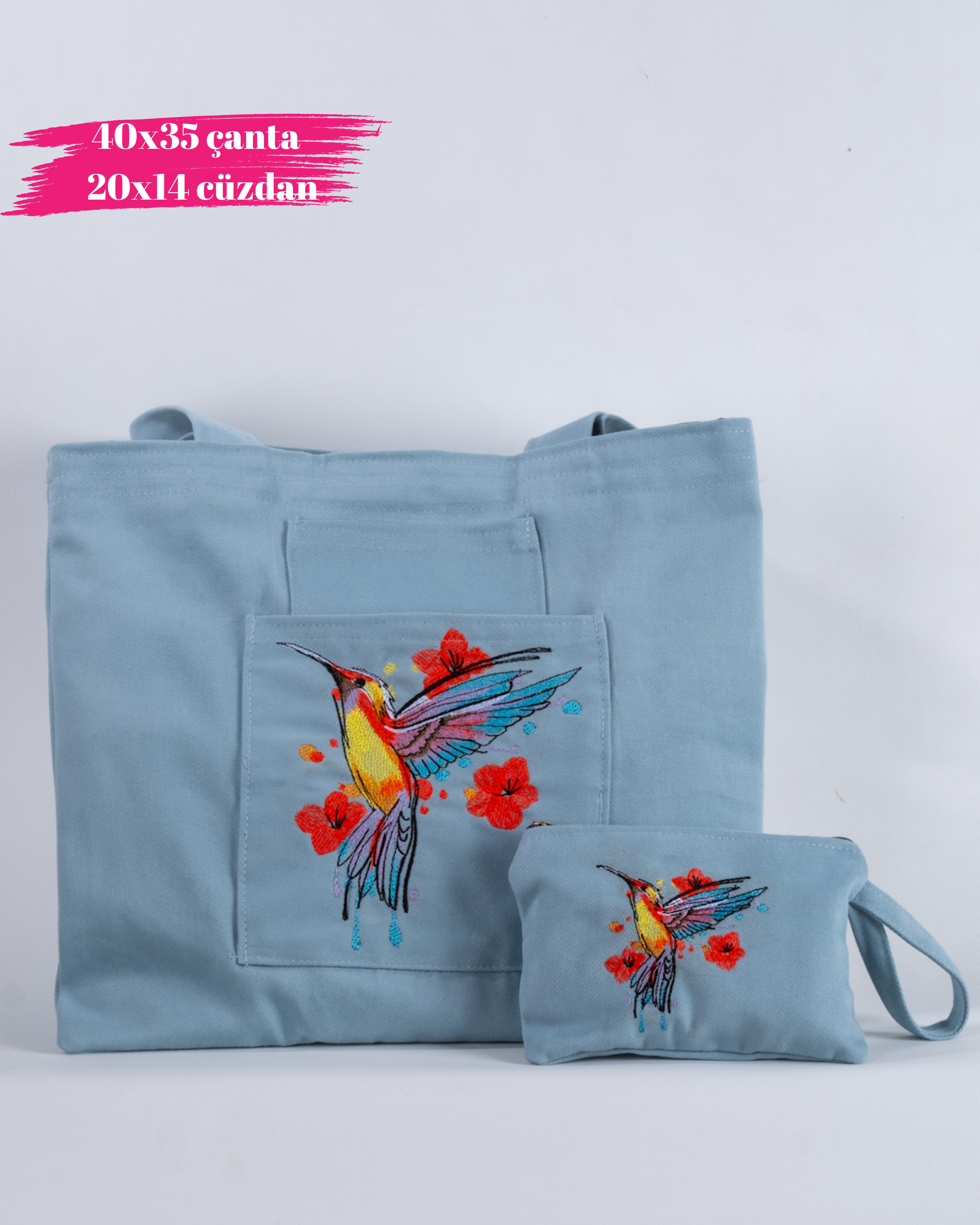 ORTA BOY ARI KUŞU NAKIŞ İŞLEMELİ (mint) ÇANTA VE CÜZDAN TAKIM