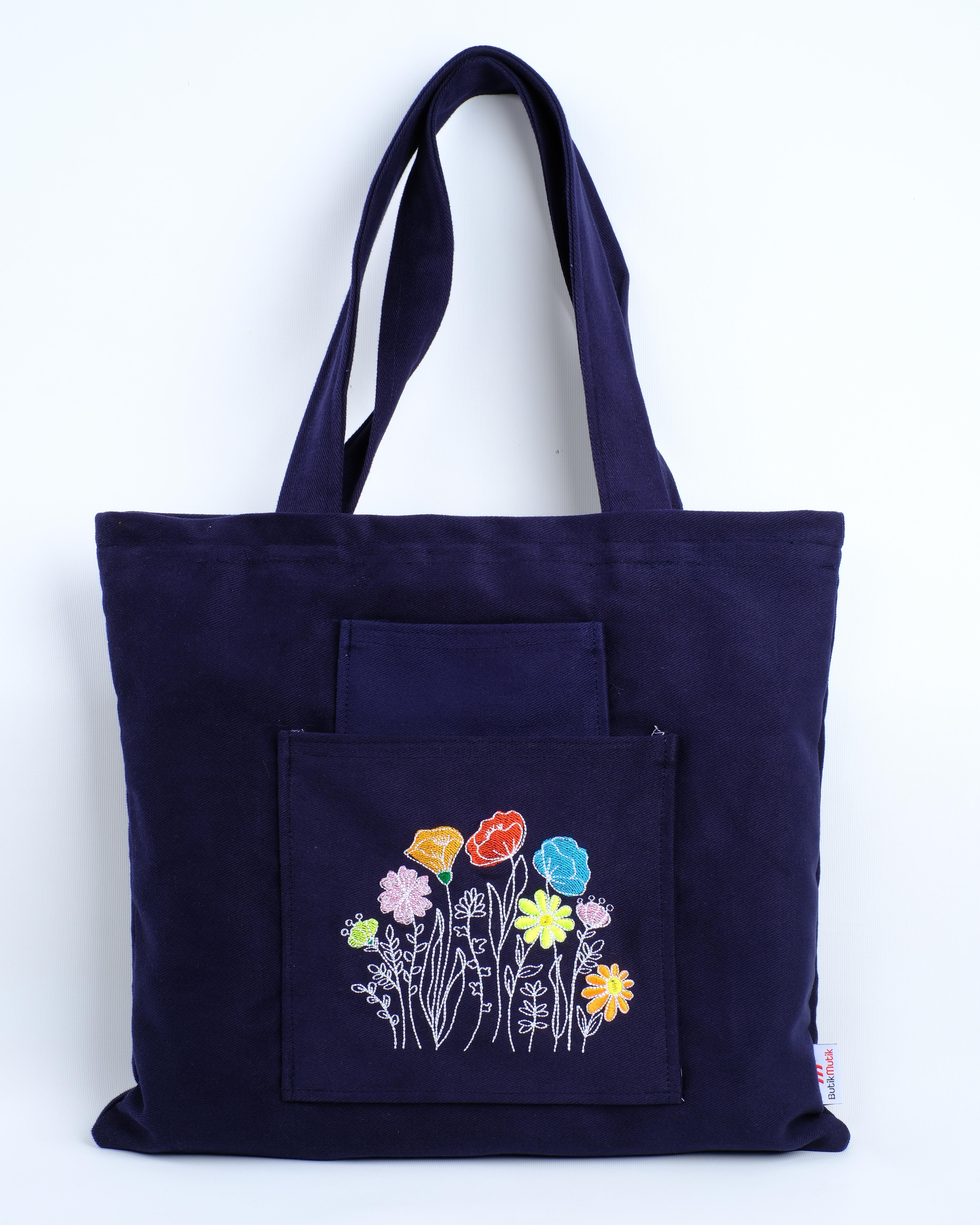 Nakışlı Kanvas Bez Çanta ve Cüzdan Takımı-plaj çantası, fermuarlı