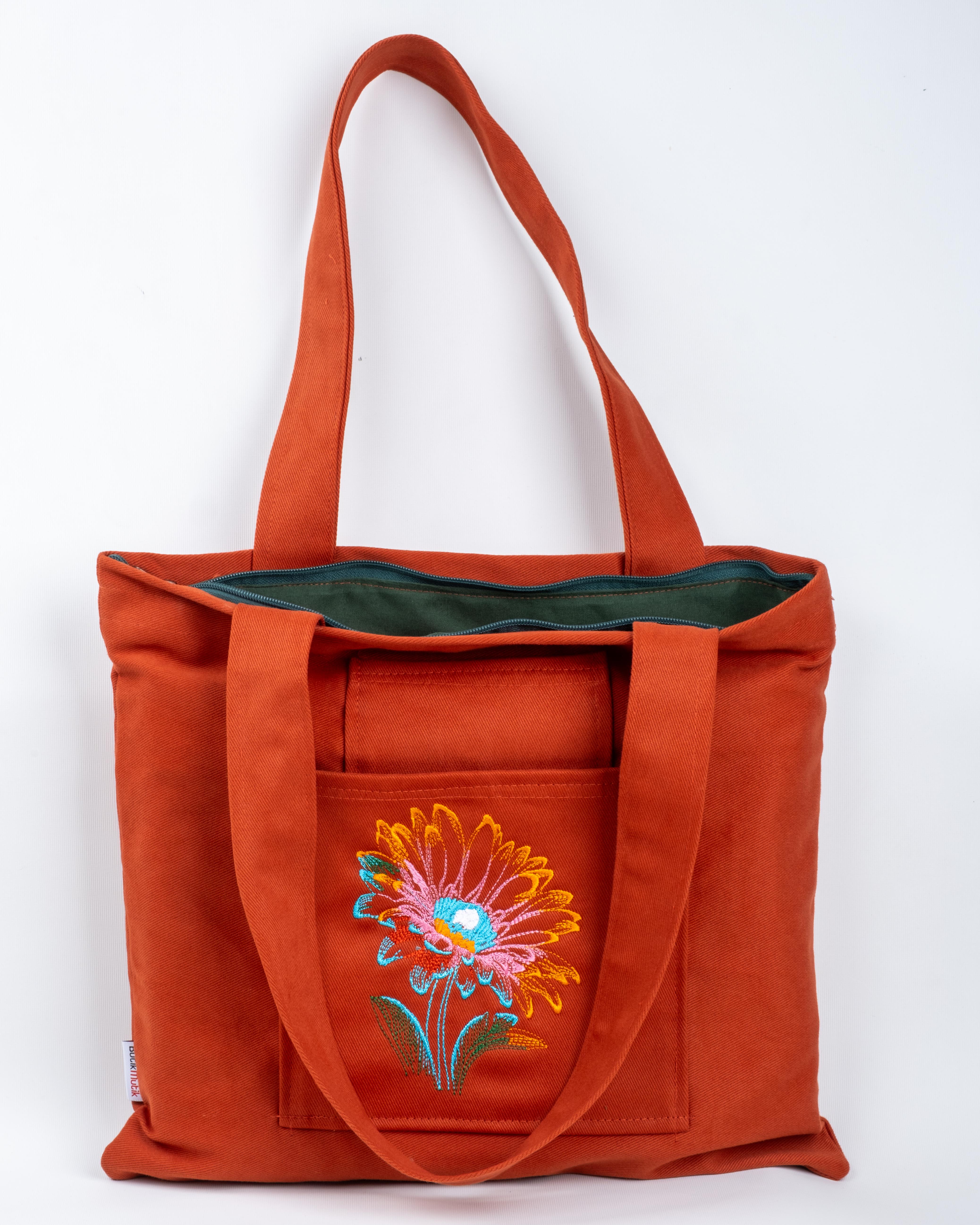 ORTA BOY LOTUS ÇİÇEĞİ İŞLEMELİ (taba) ÇANTA VE CÜZDAN TAKIM