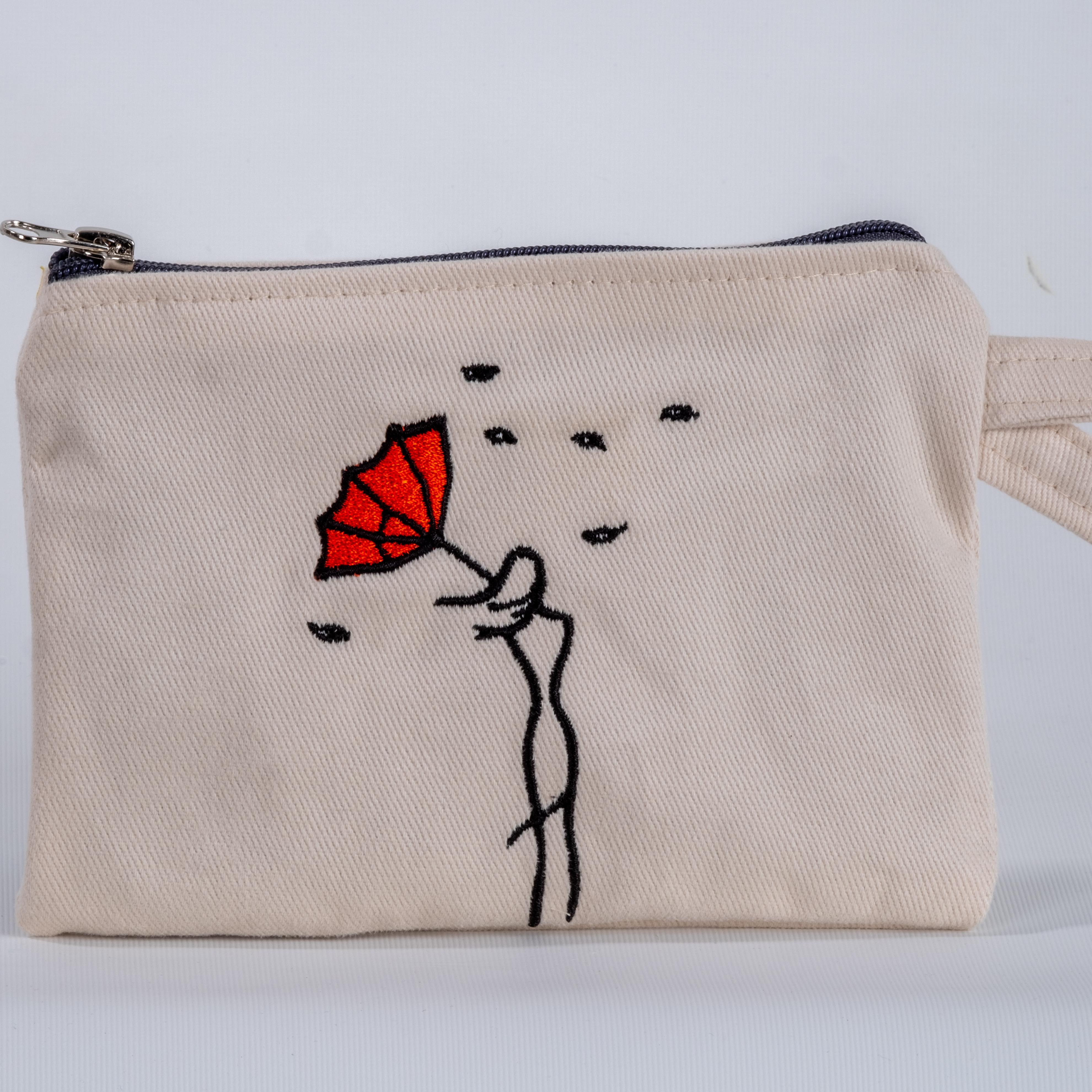 Şemsiyeli Kadın Nakış İşlemeli krem Cüzdan /Çanta İçi Düzenleyici