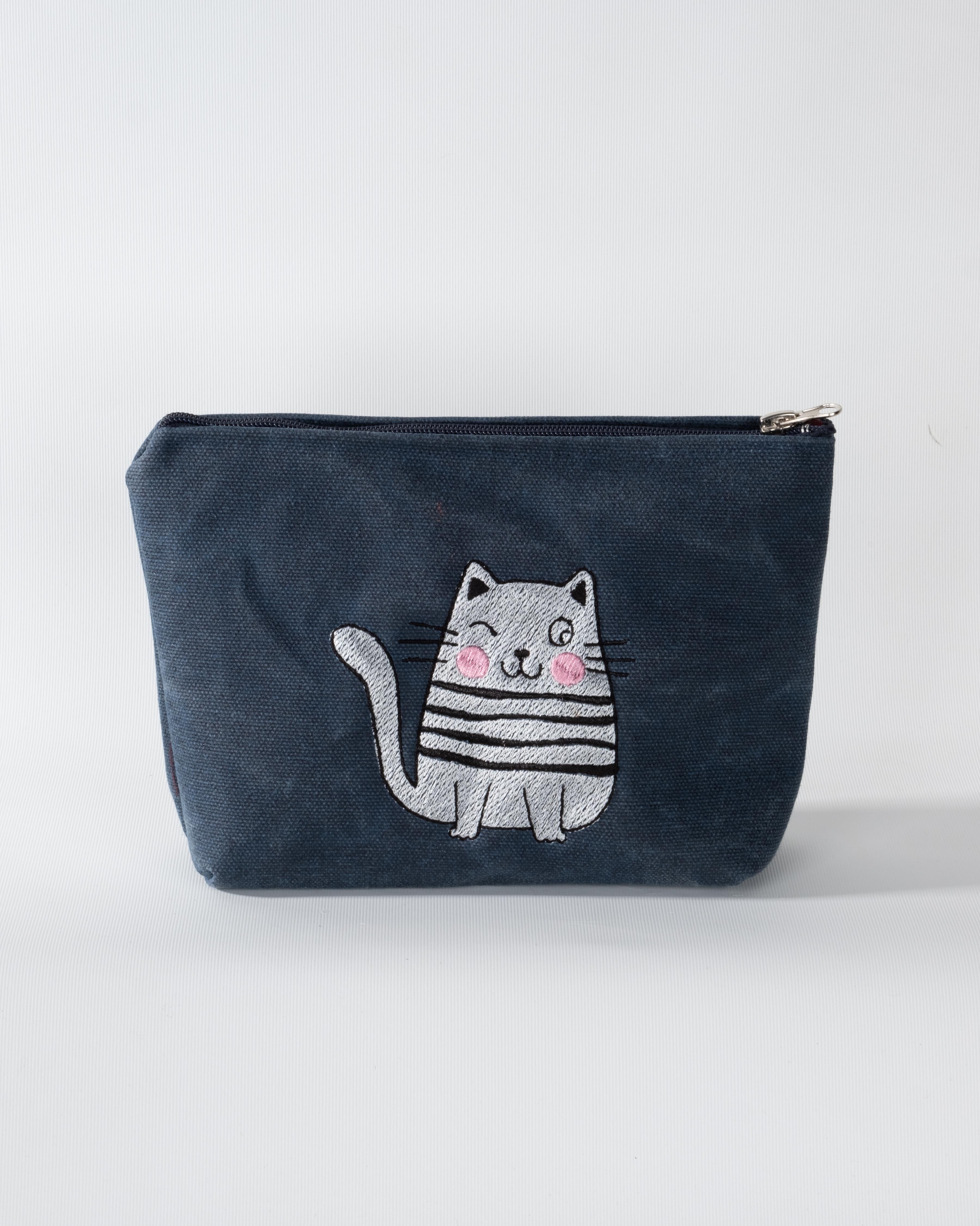 Şişman Kedi Nakışlı (LACİVERT) Mumlu Kanvas Cüzdan