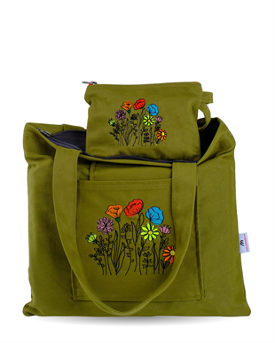 Gelincik Bahçesi Nakışlı Kanvas Bez Çanta ve Cüzdan Takımı - plaj