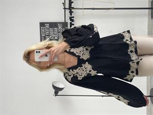  Keten Dantel İşlemeli V Yaka Gömlek Kimono Siyah