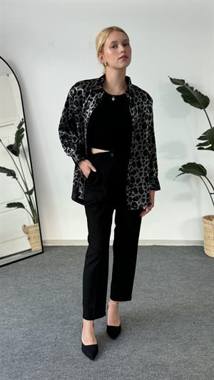  Parlak Dokulu Leopar Desenli Gömlek Gri