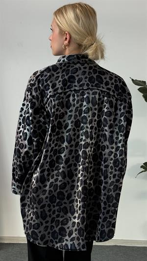  Parlak Dokulu Leopar Desenli Gömlek Gri
