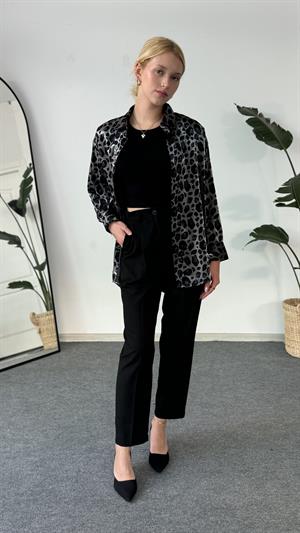  Parlak Dokulu Leopar Desenli Gömlek Gri