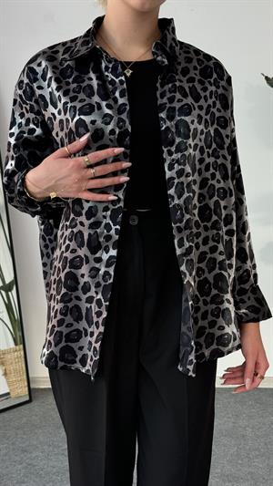  Parlak Dokulu Leopar Desenli Gömlek Gri