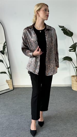  Parlak Dokulu Leopar Desenli Gömlek Kahverengi