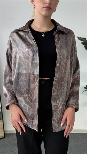  Parlak Dokulu Leopar Desenli Gömlek Kahverengi