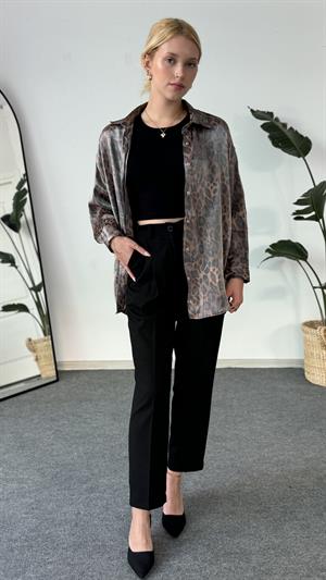  Parlak Dokulu Leopar Desenli Gömlek Kahverengi