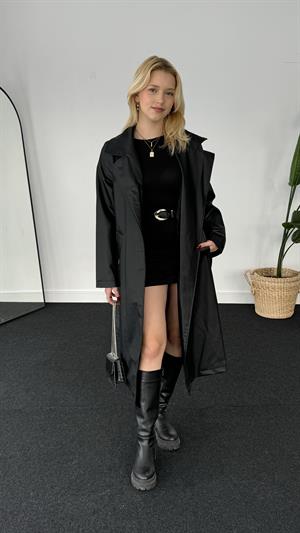 Astarlı Bağlama Detaylı Suni Deri Trençkot Siyah